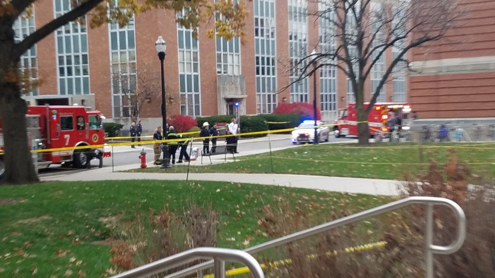 Photo courtesy the student daily of the Ohio State University (OSU)"The Lantern", obtained November 28, 2016 shows police securing an area on the OSU campus in Columbia, Ohio. 
Authorities lifted the lockdown at Ohio State University where eight people were injured in an apparent shooting, declaring the incident over.

 / AFP PHOTO / The Lantern / The Lantern / RESTRICTED TO EDITORIAL USE - NO ARCHIVES