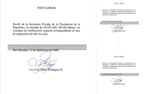 Recibos del pago de sobresueldos en Gobierno presentados por Mauricio Funes