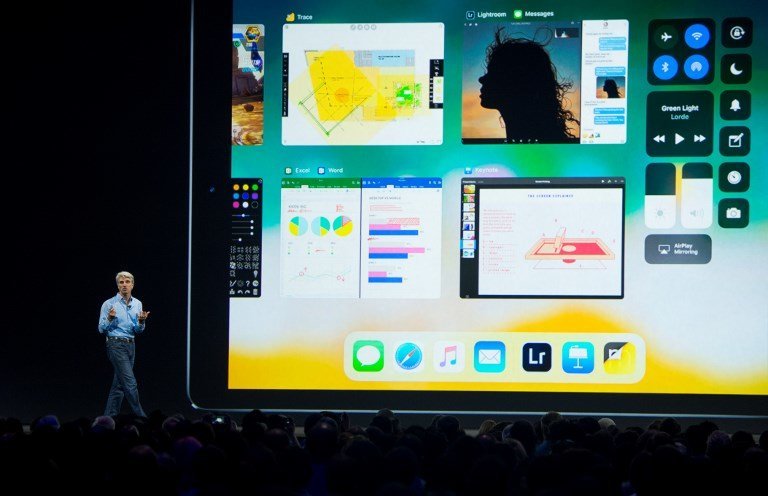 Apple's Senior Vice President of Software Engineering Craig Federighi speaks on stage about the new iPad Pro at San Jose McEnery Convention Center during Apple's World Wide Developers Conference in San Jose, California on June 05, 2017. / AFP PHOTO / Josh Edelson