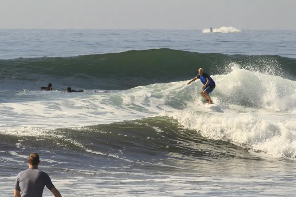 Ballena detr&aacute;s de un surfista