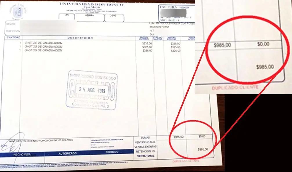 Recibo pagado a la Universidad Don Bosco por 985 d&oacute;lares 4