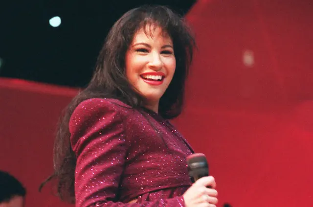 Tejano singer Selena performs at the Astrodome during the Houston Livestock Show and Rodeo on Feb. 26, 1995. (AP Photo/Houston Chronicle, John Everett)