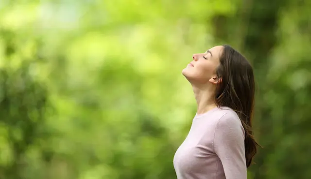 Relaxed woman breathing fresh air in a green forest