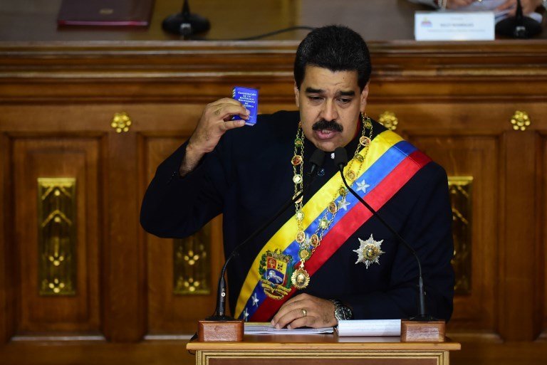 Venezuelan President Nicolas Maduro addresses the all-powerful pro-Maduro assembly which has been placed over the National Assembly and tasked with rewriting the constitution, in Caracas on August 10, 2017.
Recent demonstrations in Venezuela have stemmed from anger over the installation of the all-powerful Constituent Assembly that many see as a power grab by the unpopular President Maduro. The dire economic situation also has stirred deep bitterness as people struggle with skyrocketing inflation and shortages of food and medicine.
 / AFP PHOTO / RONALDO SCHEMIDT