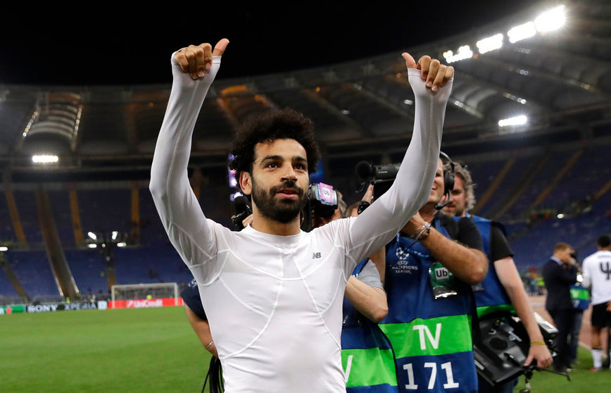Liverpool's Mohamed Salah gestures to the supporters at the end of the Champions League semifinal second leg soccer match between Roma and Liverpool at the Olympic Stadium in Rome, Wednesday, May 2, 2018. (AP Photo/Alessandra Tarantino)