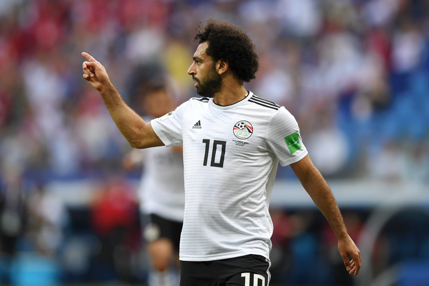 VOLGOGRAD, RUSSIA - JUNE 25:  Mohamed Salah of Egypt celebrates after scoring his sides opening goal during the 2018 FIFA World Cup Russia group A match between Saudia Arabia and Egypt at Volgograd Arena on June 25, 2018 in Volgograd, Russia.  (Photo by Shaun Botterill/Getty Images)
