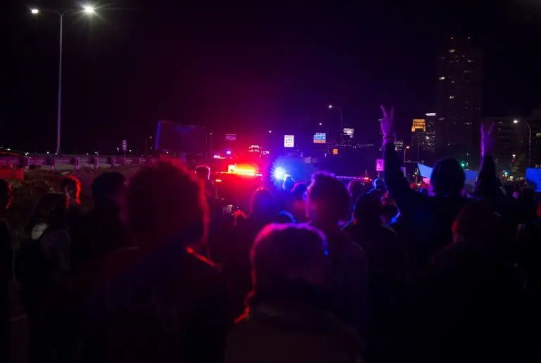 MINNEAPOLIS, MN - NOVEMBER 10: Police block protesters of President-elect Donald Trump from marching after they blocked traffic on I-94 on November 10, 2016 in Minneapolis, Minnesota. Thousands of people across the country have taken to the streets in protest in the days following the election of Republican Donald Trump over Democrat Hillary Clinton. Stephen Maturen/Getty Images/AFP