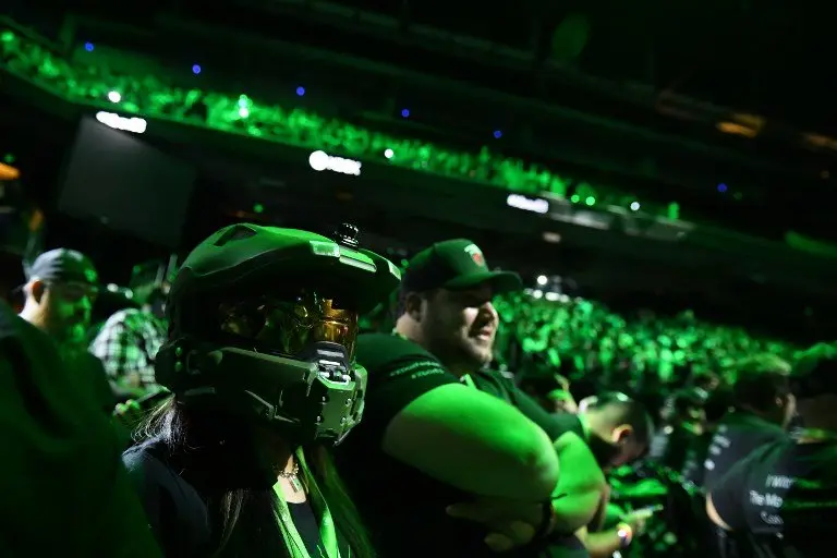 An attendee wears the helmet of Master Chief from the original Halo at the Microsoft Xbox E3 2017 Briefing, June 11, 2017 at the Galen Center in Los Angeles, California. 
The Electronic Entertainment Expo (E3), which focuses on new products and technologies in electronic gaming systems and interactive entertainment, takes places June 13-15 at the Los Angeles Convention Center. / AFP PHOTO / Robyn BECK