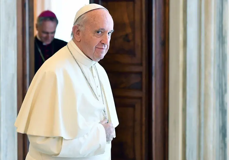 Pope Francis looks on at the end of a private audience with German chancellor at the Vatican on June 17, 2017.  / AFP PHOTO / POOL / Ettore FERRARI