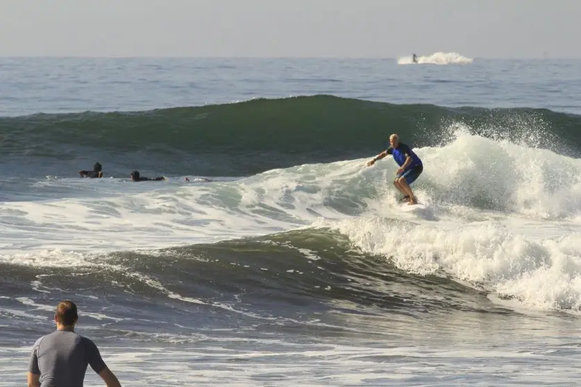 Ballena detrás de un surfista