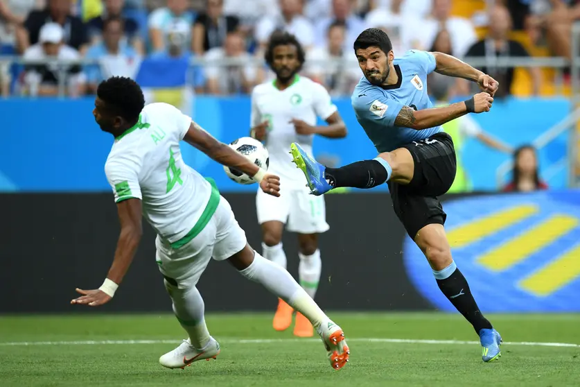 ROSTOV-ON-DON, RUSSIA - JUNE 20:  Luis Suarez of Uruguay shoots during the 2018 FIFA World Cup Russia group A match between Uruguay and Saudi Arabia at Rostov Arena on June 20, 2018 in Rostov-on-Don, Russia.  (Photo by Matthias Hangst/Getty Images)