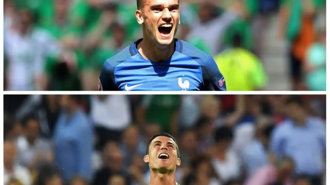 <p>Una combinaci&oacute;n de dos fotos de archivos efectuada el 8 de julio de 2016 muestra al delantero franc&eacute;s Antoine Griezmann (arriba) en Decines-Charpieu, cerca de Lyon, el 26 de junio de 2016, y del atacante de Portugal Cristiano Ronaldo (abajo) en Decines-Charpieu, el 6 de julio de 2016.</p>