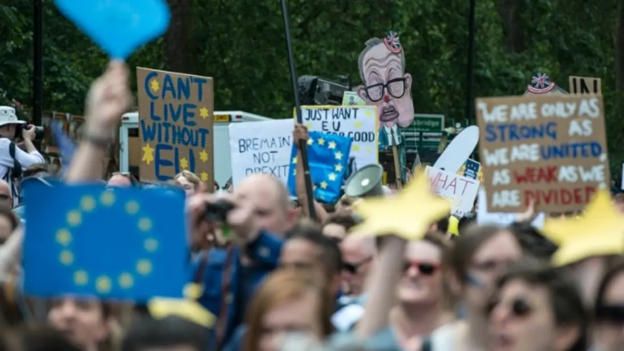 <p>Miles de personas marchan el 2 de julio de 2016 en Londres, mostrando su rechazo a la salida de Reino Unido de la Uni&oacute;n Europea</p>