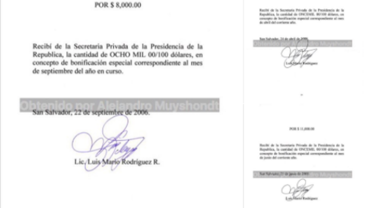 Recibos del pago de sobresueldos en Gobierno presentados por Mauricio Funes