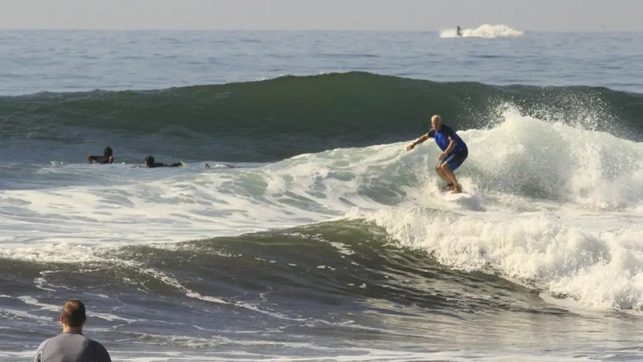 Ballena detr&aacute;s de un surfista