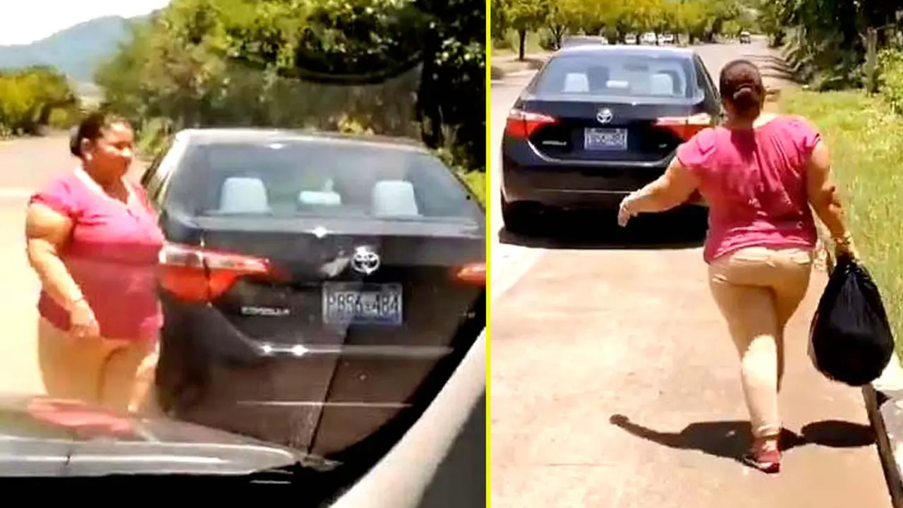 Mujer bota basura en carretera 4