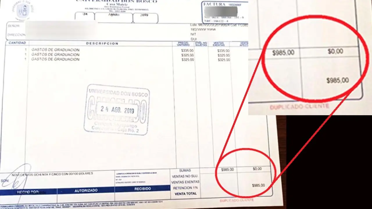 Recibo pagado a la Universidad Don Bosco por 985 d&oacute;lares 4