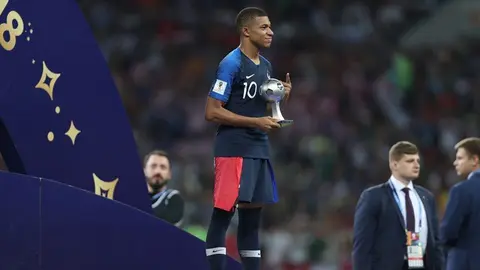 Mbappé con su premio del Jugador Más Joven.