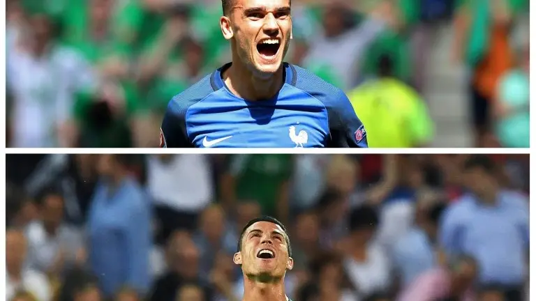<p>Una combinación de dos fotos de archivos efectuada el 8 de julio de 2016 muestra al delantero francés Antoine Griezmann (arriba) en Decines-Charpieu, cerca de Lyon, el 26 de junio de 2016, y del atacante de Portugal Cristiano Ronaldo (abajo) en Decines-Charpieu, el 6 de julio de 2016.</p>