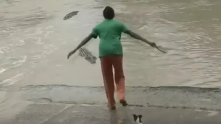 Ahuyenta cocodrilo a chancletazos