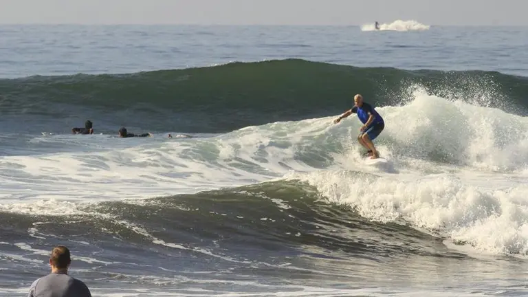 Ballena detrás de un surfista