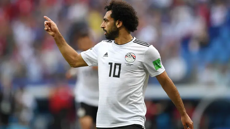 VOLGOGRAD, RUSSIA - JUNE 25:  Mohamed Salah of Egypt celebrates after scoring his sides opening goal during the 2018 FIFA World Cup Russia group A match between Saudia Arabia and Egypt at Volgograd Arena on June 25, 2018 in Volgograd, Russia.  (Photo by Shaun Botterill/Getty Images)
