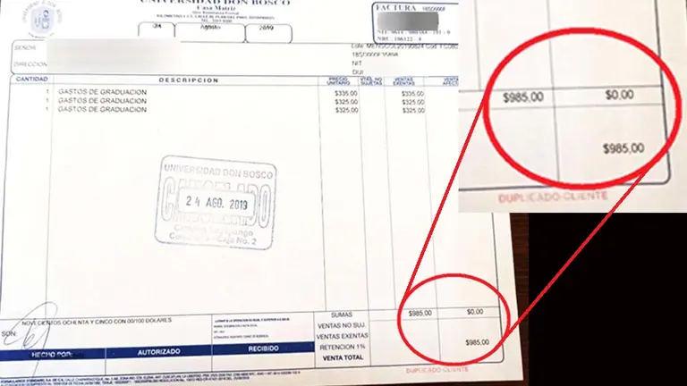 Recibo pagado a la Universidad Don Bosco por 985 dólares 4