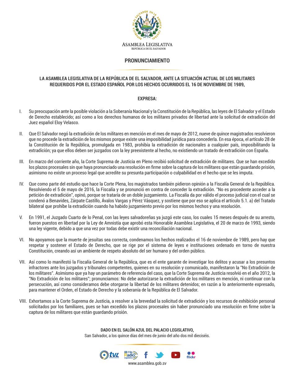 Pronunciamiento de Asamblea sobre extradición de militares.