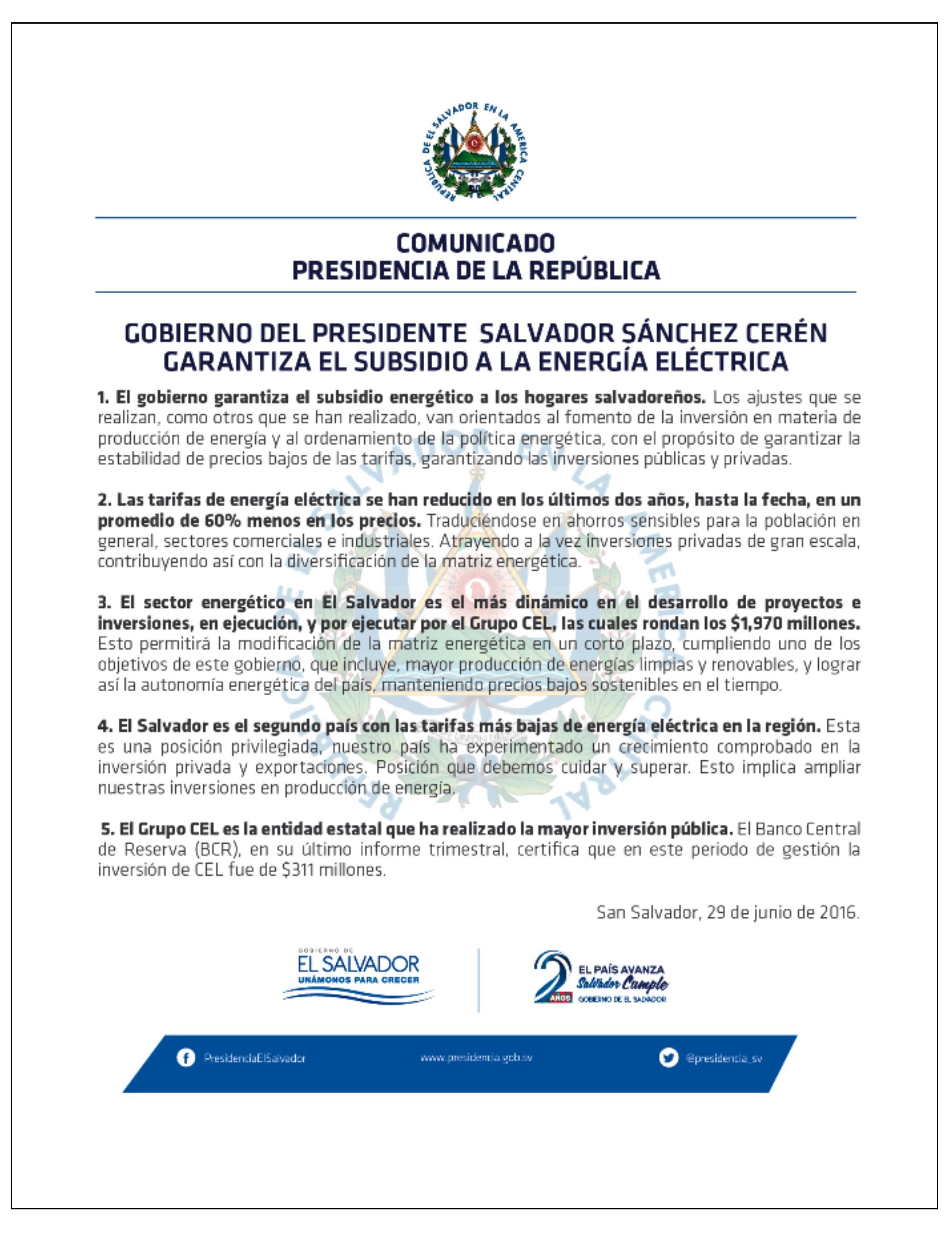 Comunicado gobierno aumento energía