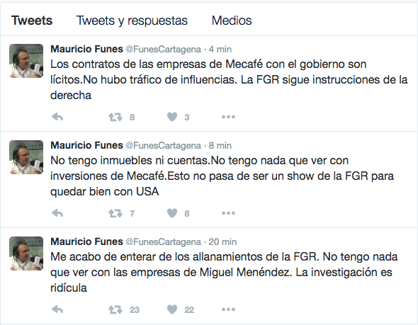 Tuits de expresidente Mauricio Funes.
