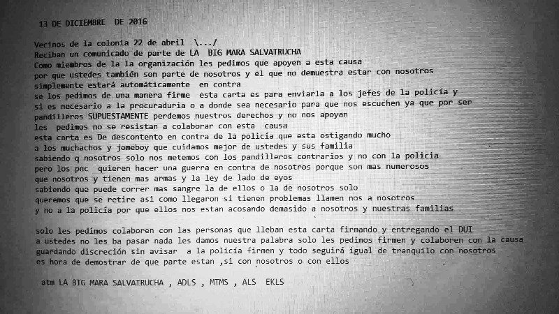 Carta encontrada a pandillero en la colonia 22 de Abril
