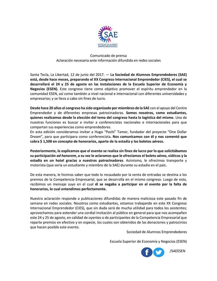 Comunicado sociedad estudiantes de la ESEN