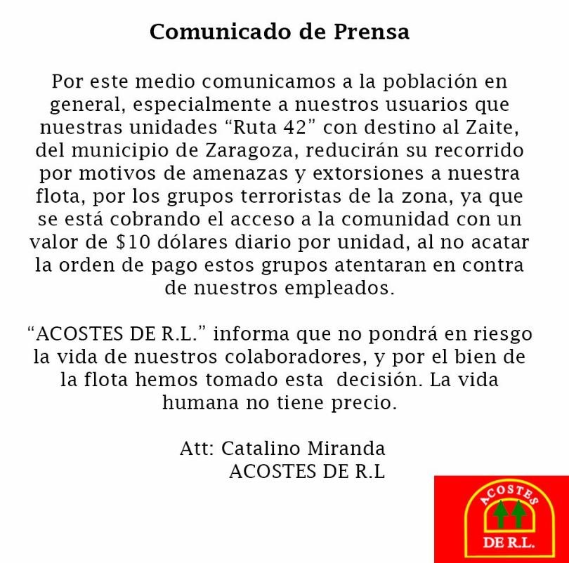 Comunicado de ACOSTES