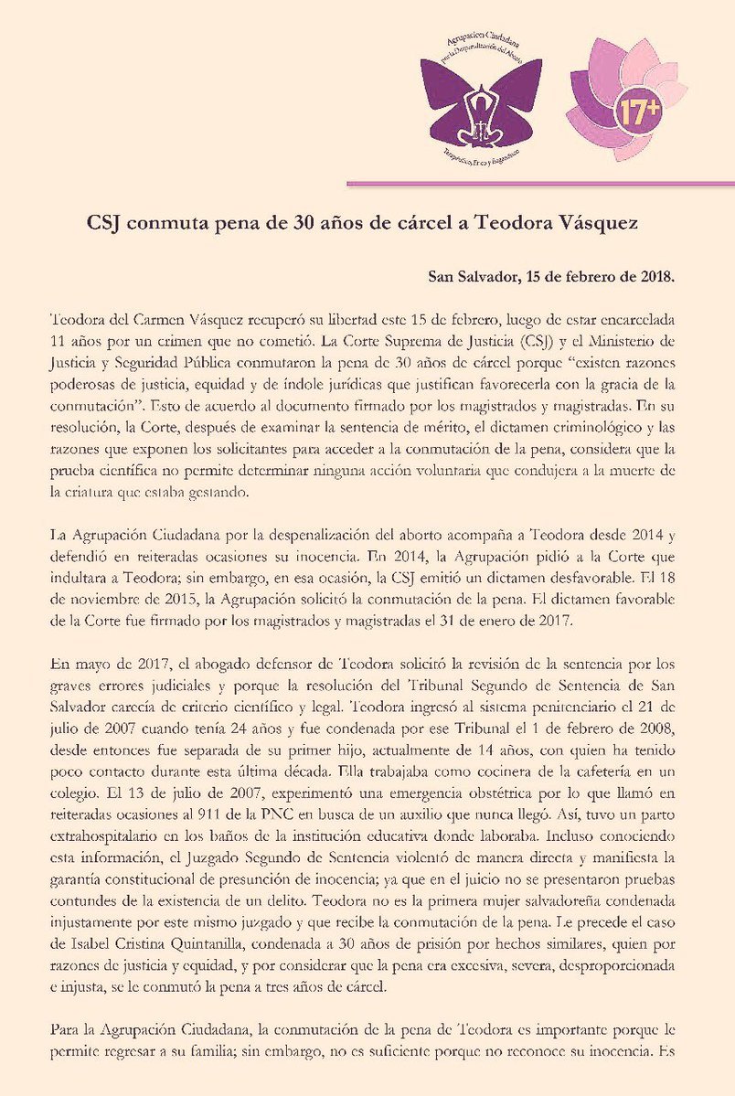 Comunicado por el caso de Teodora