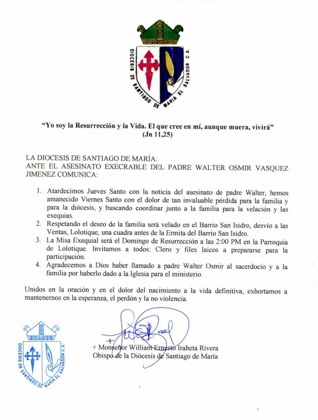 Comunicado del arzobispado de San Salvador