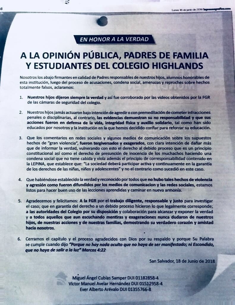 Comunicado padres Highland