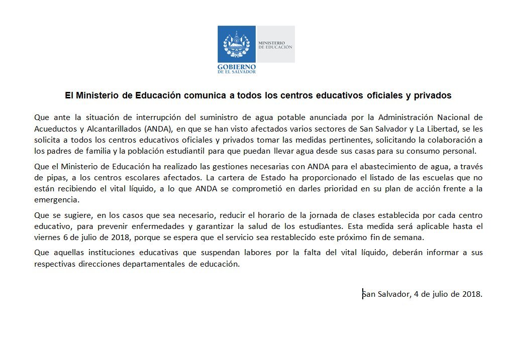 Comunicado por falta de agua del MINED