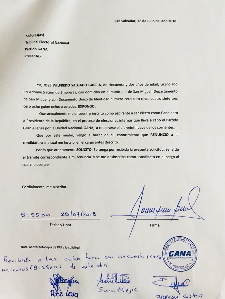 Esta es la carta de renuncia de Will Salgado como candidato presidencial de  GANA