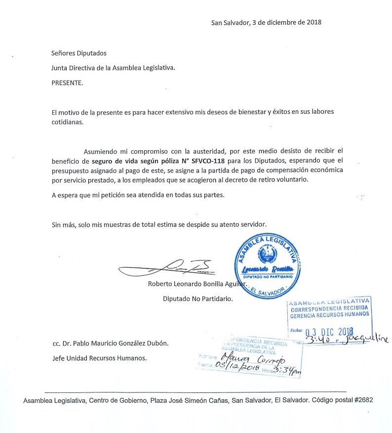 Carta de renuncia de Bonilla