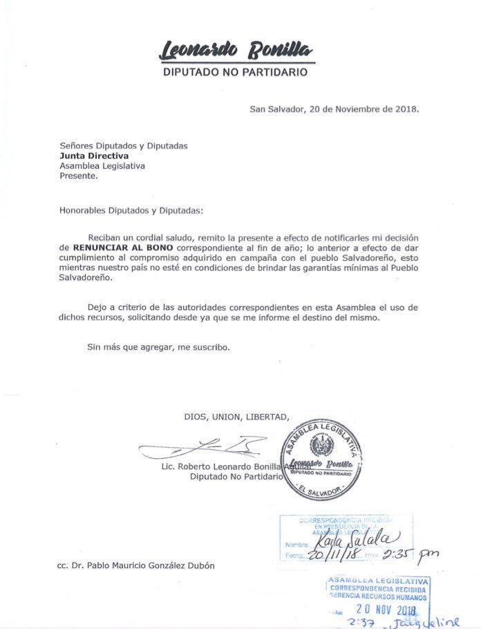 Renuncia de Bonilla a bono navideño