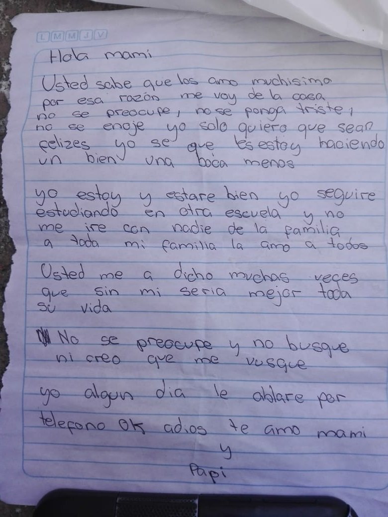 Carta que dejó niña de 12 años que se escapó de casa