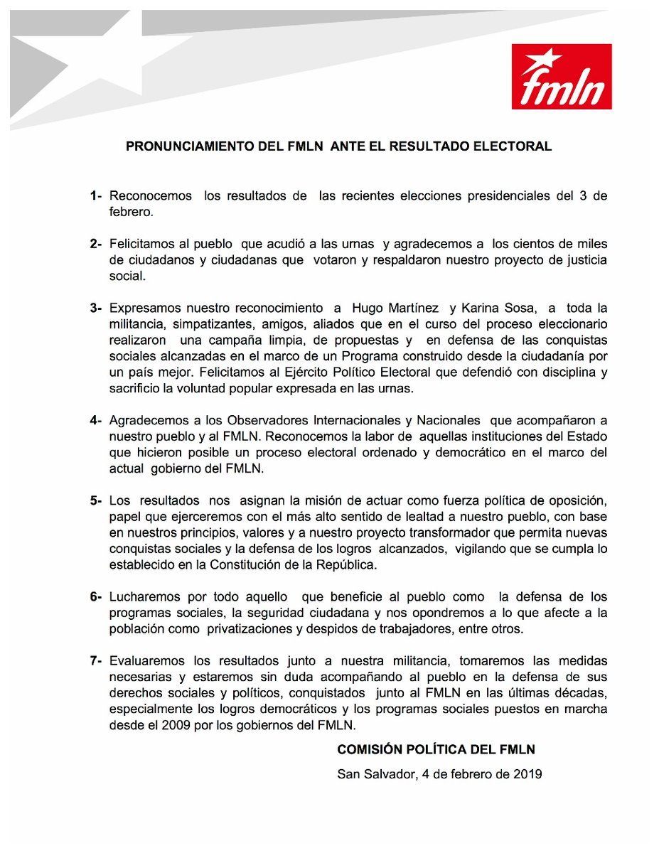 comunicado FMLN elecciones 2019