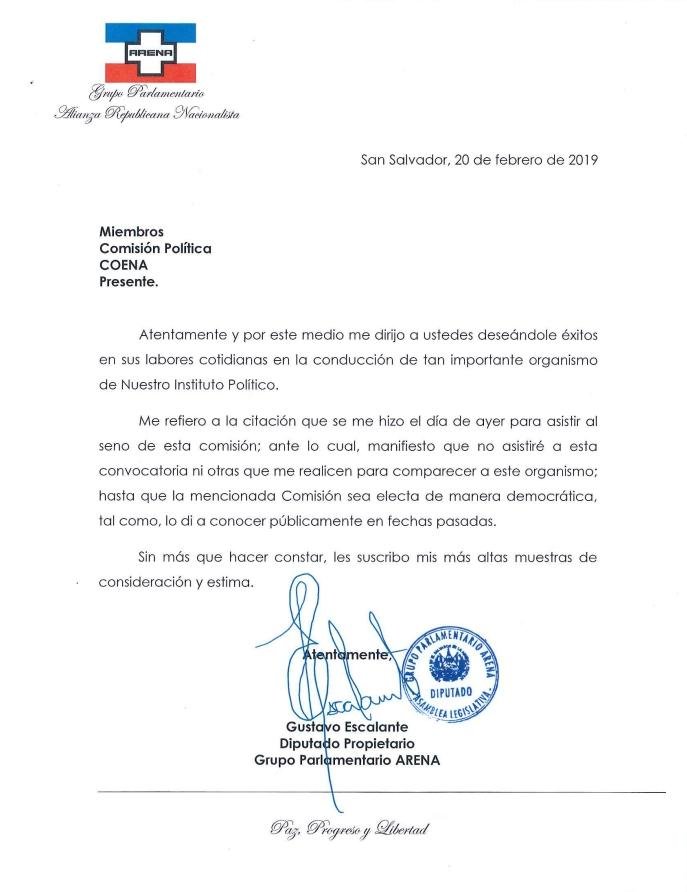 Diputado de ARENA se excusa a llamado para explicar el 