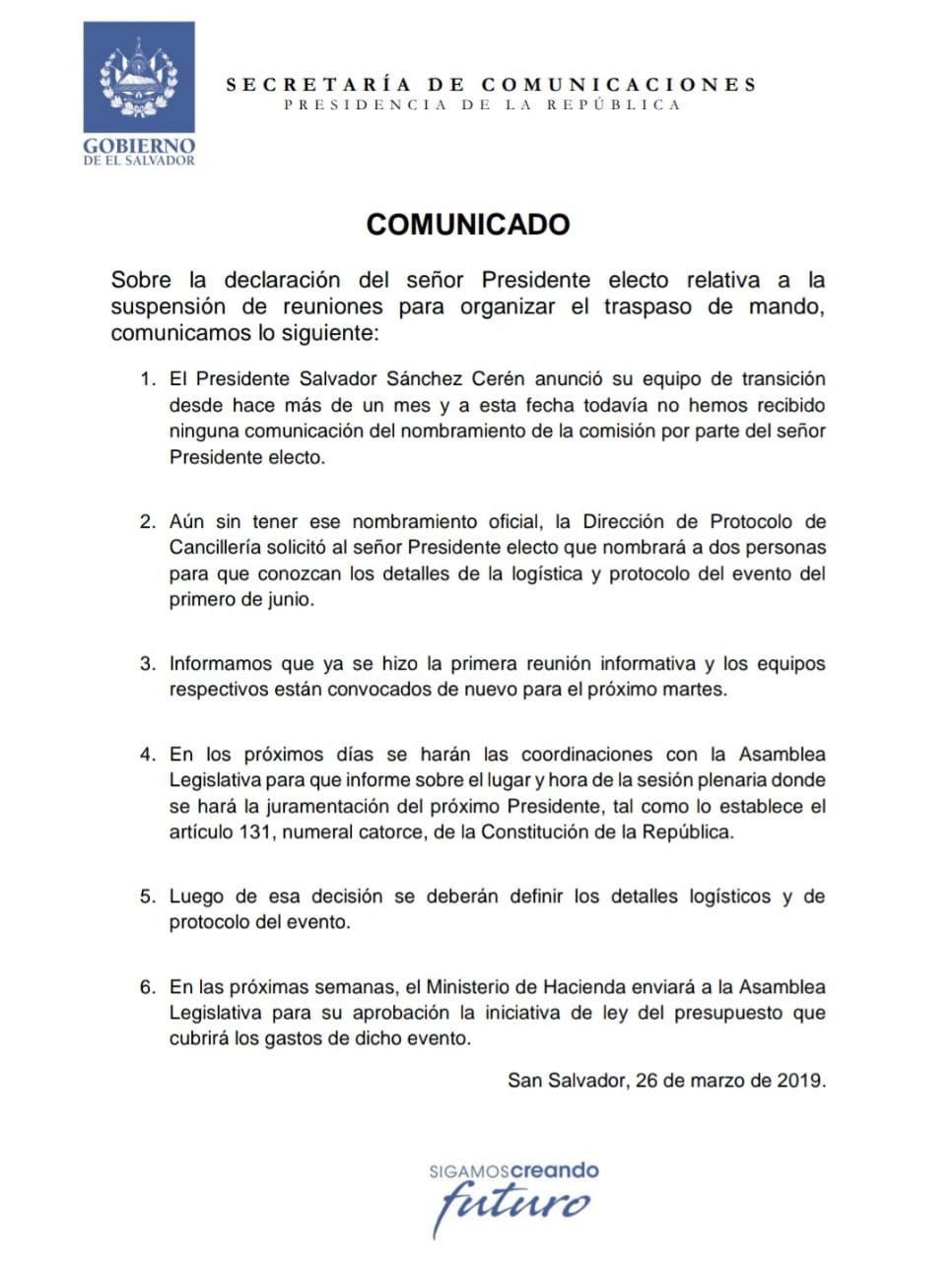 Cimunicado de Traspaso de Mando