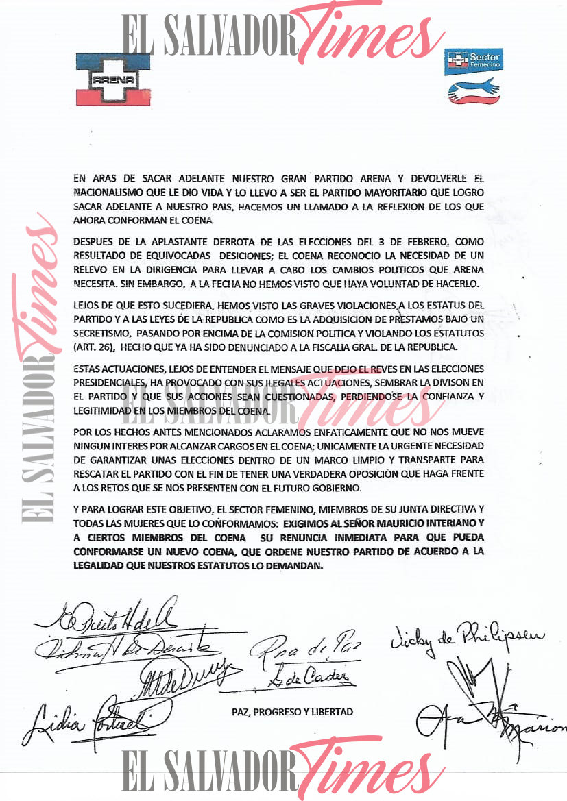 Carta de sector femenino ARENA
