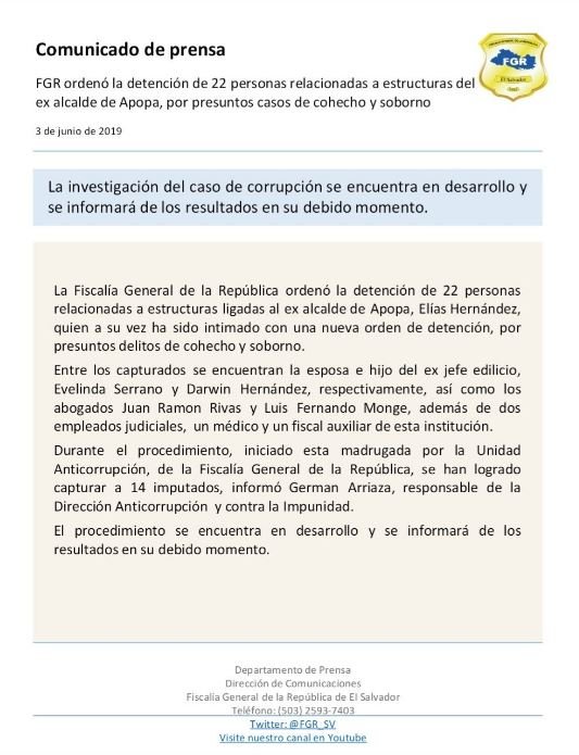 Comunicado de capturas en Apopa