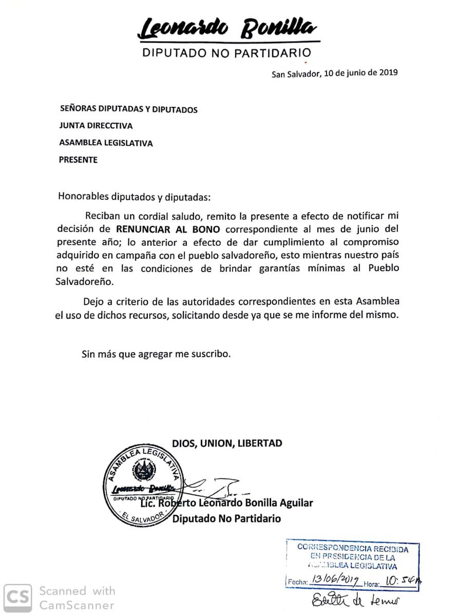 Carta de Leonardo por renuncia al bono