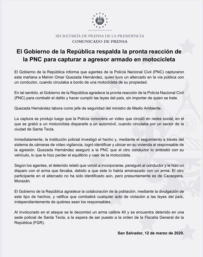 Comunicado de guardaespaldas pistolero