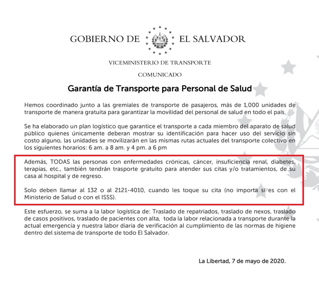 Comunicado transporte gratuito a pacientes