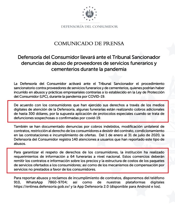 Comunicado llevarán a los tribunales a funerarias por abuso de cobros 2
